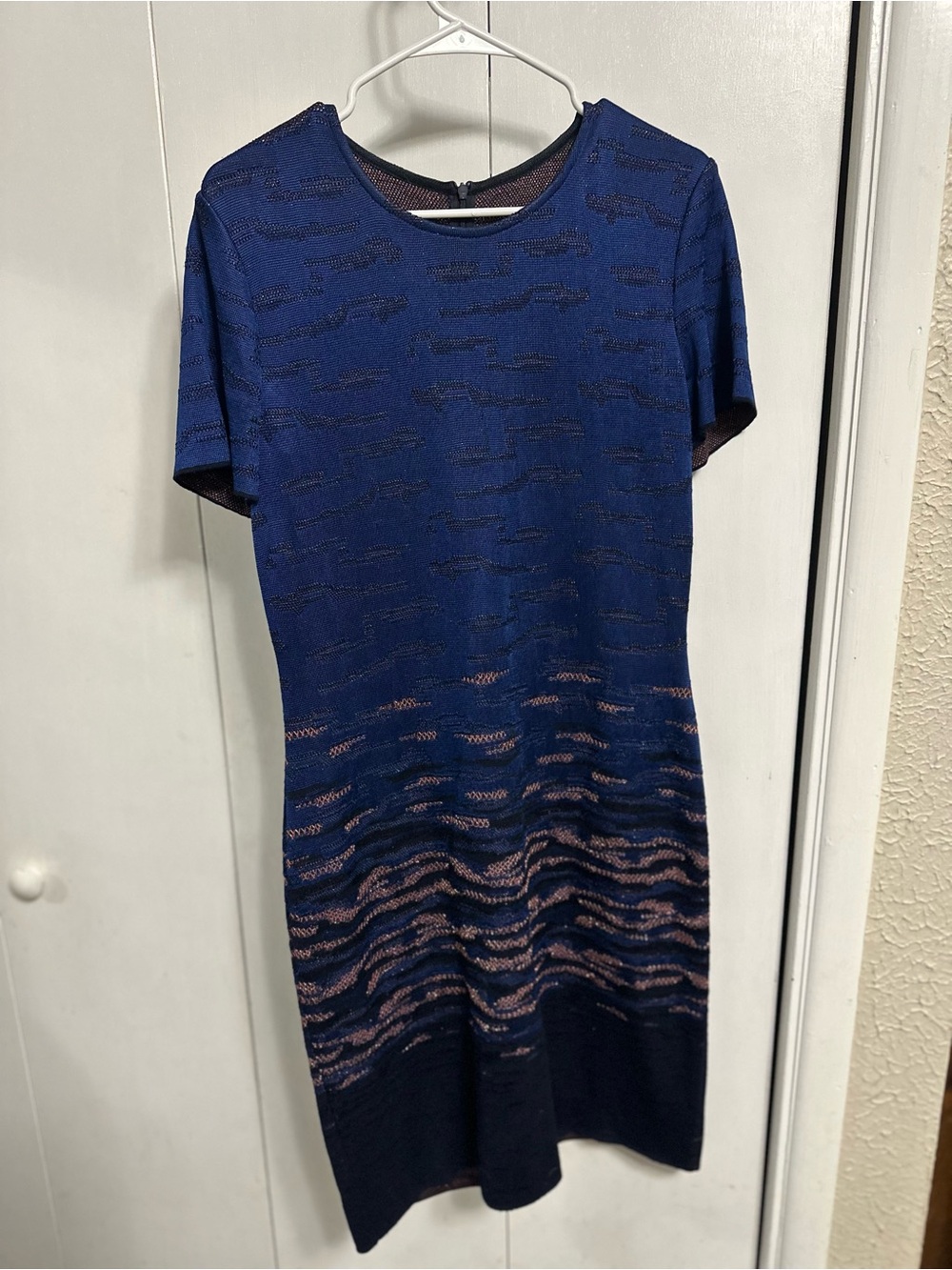 Blue Knit Short Sleeve Sweater Dress with Metallic Accent
